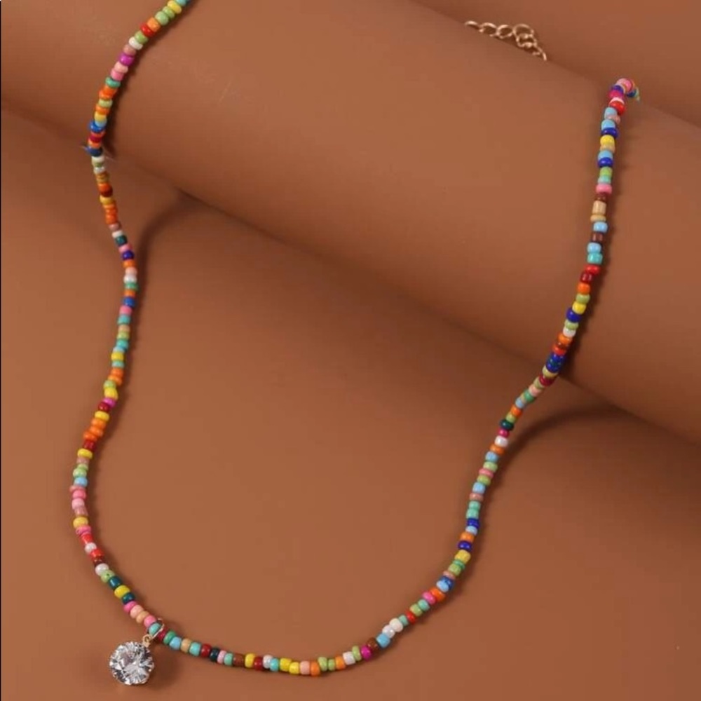 - 🌈 Rainbow Glass Bead Rhinestone Necklace 🌈 - Picture 2 of 3